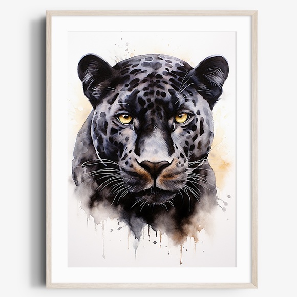 Other - Watercolor Black Jaguar With Flowers Portrait Wall Art Illustration Print